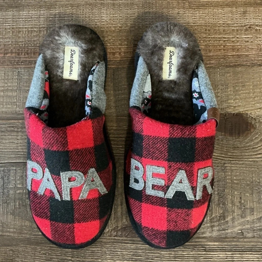 Dearfoams Red Black Plaid Men's Papa Bear Slippers And Kids Lil Bear Slippers